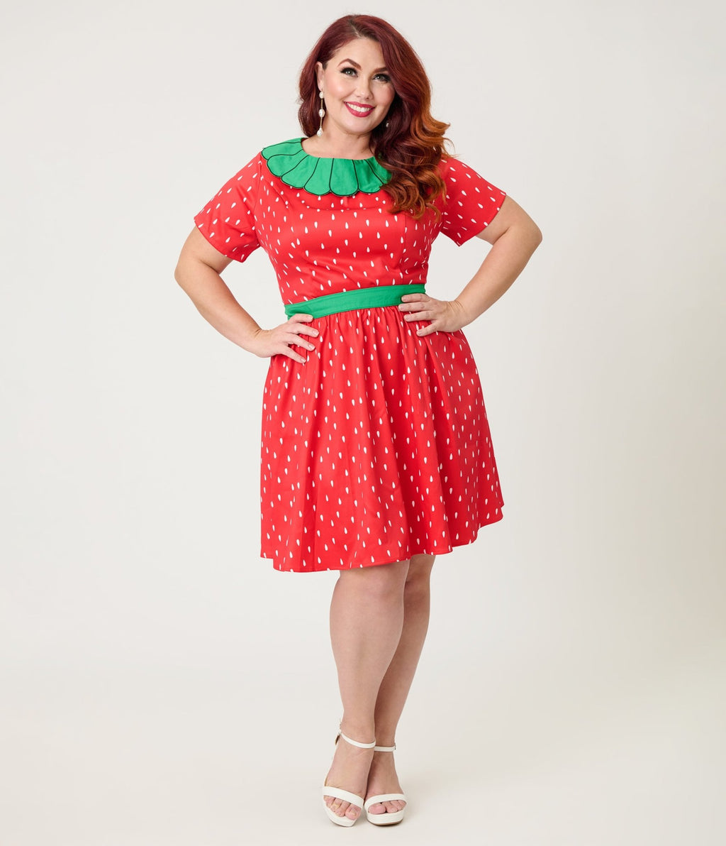 Smak Parlour Plus Size Red & Green Petal Collar Flare Dress - Unique Vintage - Womens, DRESSES, FIT AND FLARE