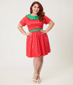 Smak Parlour Plus Size Red & Green Petal Collar Flare Dress - Unique Vintage - Womens, DRESSES, FIT AND FLARE