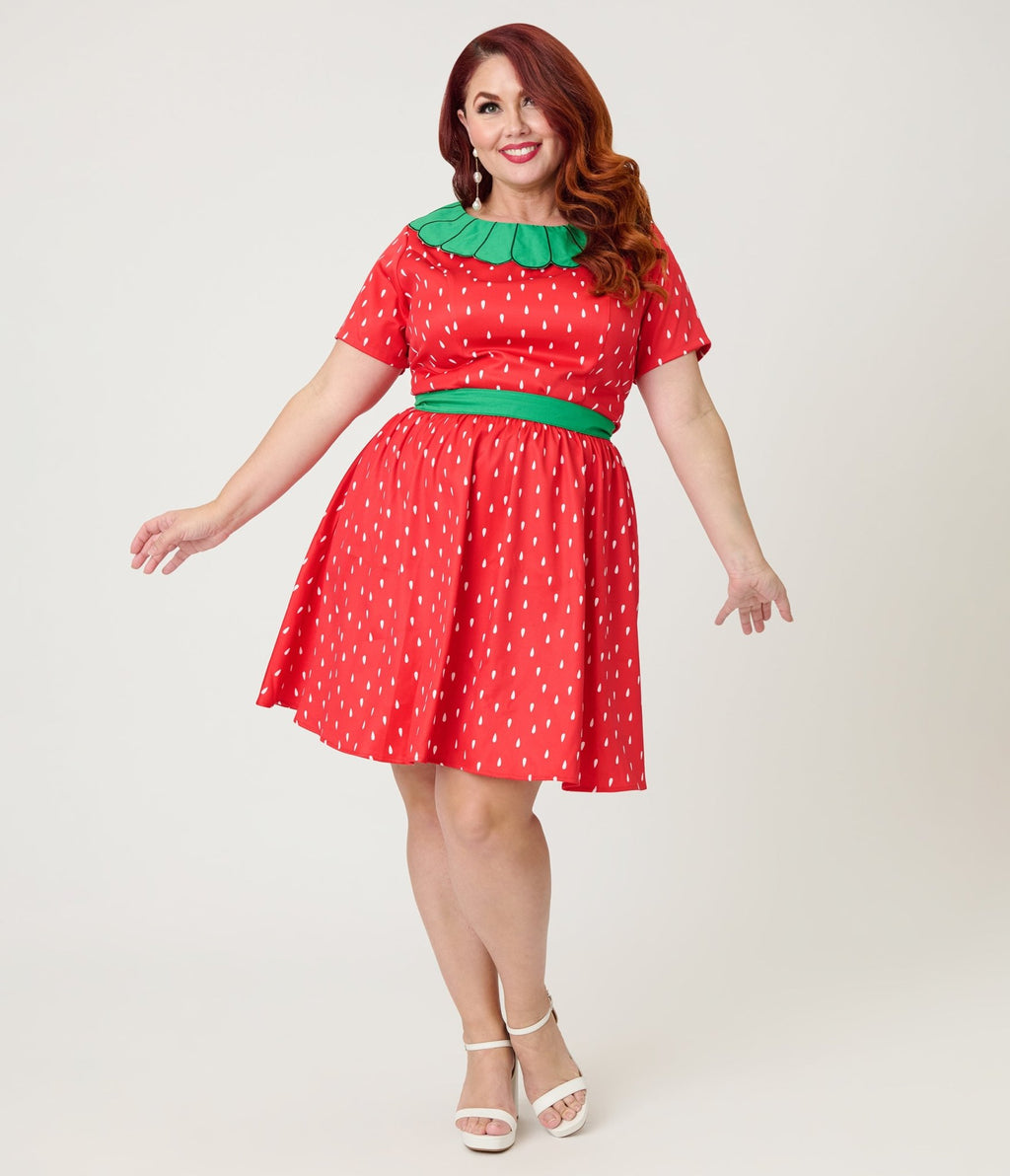 Smak Parlour Plus Size Red & Green Petal Collar Flare Dress - Unique Vintage - Womens, DRESSES, FIT AND FLARE