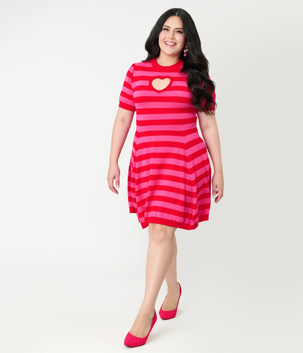 Smak Parlour Plus Size Red & Hot Pink Heart Cutout Flare Dress - Unique Vintage - Womens, DRESSES, FIT AND FLARE