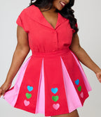 Smak Parlour Plus Size Red & Pink Rainbow Heart Pleated Mini Skirt - Unique Vintage - Womens, BOTTOMS, SKIRTS