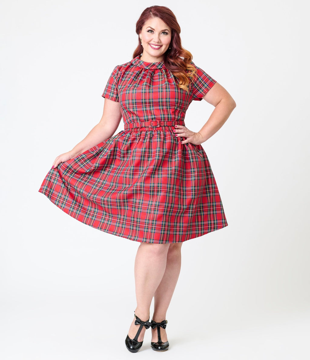 Smak Parlour Plus Size Red Plaid Flare Dress - Unique Vintage - Womens, DRESSES, FIT AND FLARE