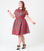 Smak Parlour Plus Size Red Plaid Flare Dress - Unique Vintage - Womens, DRESSES, FIT AND FLARE