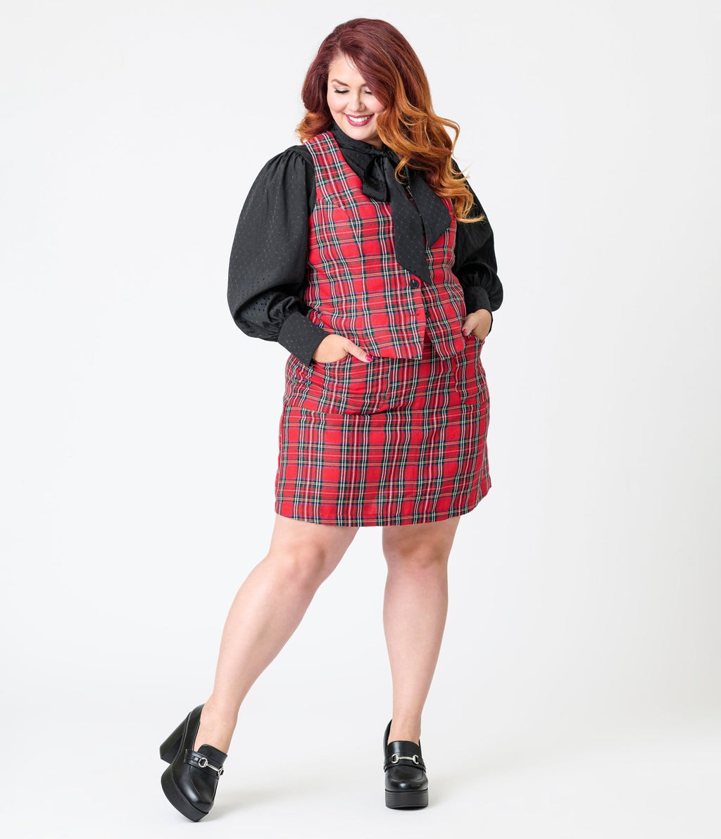 Smak Parlour Plus Size Red Plaid Scoop Neck Vest - Unique Vintage - Womens, TOPS, OUTERWEAR