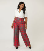 Smak Parlour Plus Size Red Plaid Wide Leg Sailor Pants - Unique Vintage - Womens, BOTTOMS, PANTS