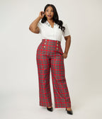 Smak Parlour Plus Size Red Plaid Wide Leg Sailor Pants - Unique Vintage - Womens, BOTTOMS, PANTS
