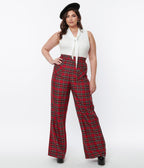 Smak Parlour Plus Size Red Plaid Wide Leg Trousers - Unique Vintage - Womens, BOTTOMS, PANTS