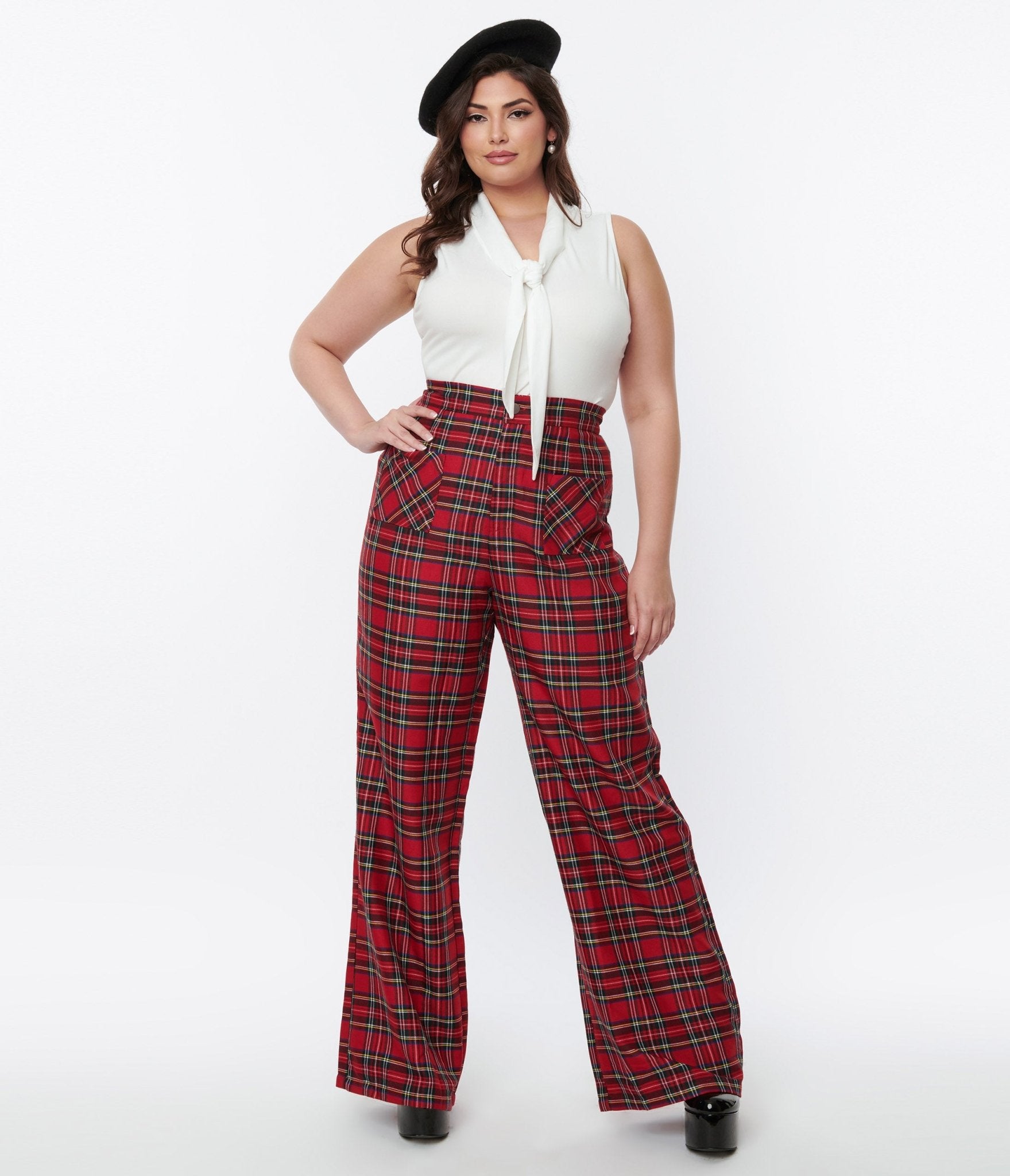 Smak Parlour Plus Size Red Plaid Wide Leg Trousers - Unique Vintage - Womens, BOTTOMS, PANTS