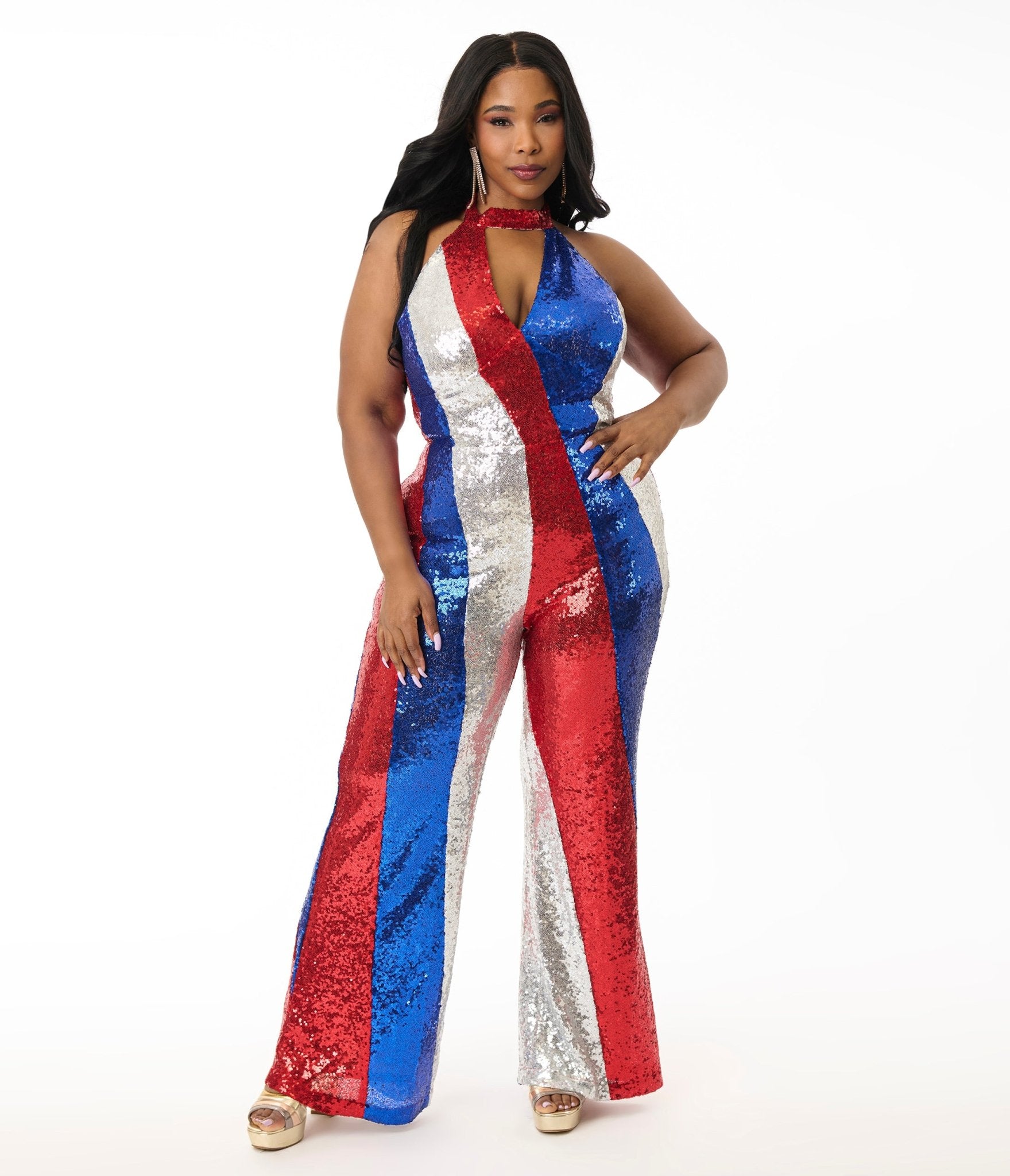 Smak Parlour Plus Red Silver & Blue Sequin Glamour Goddess Jumpsuit - Unique Vintage - Womens, BOTTOMS, ROMPERS & JUMPSUITS