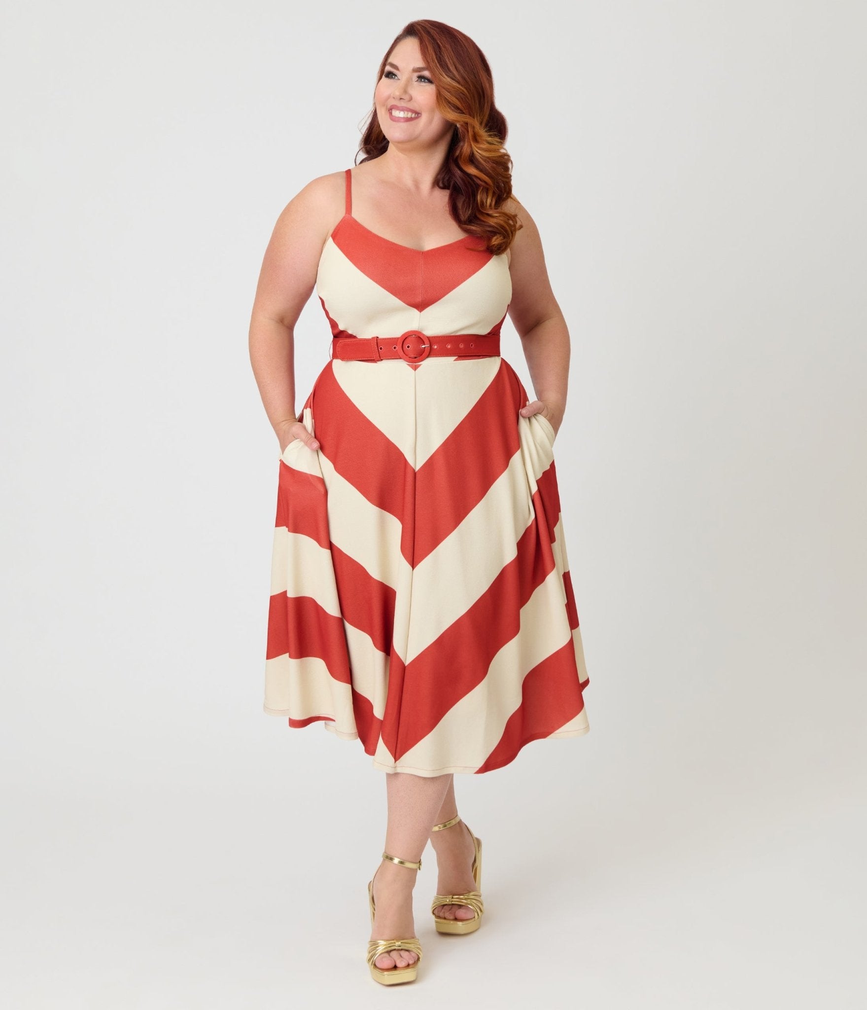 Smak Parlour Plus Size Rust & Ivory Spaghetti Strap Chevron Midi Dress - Unique Vintage - Womens, DRESSES, MIDI