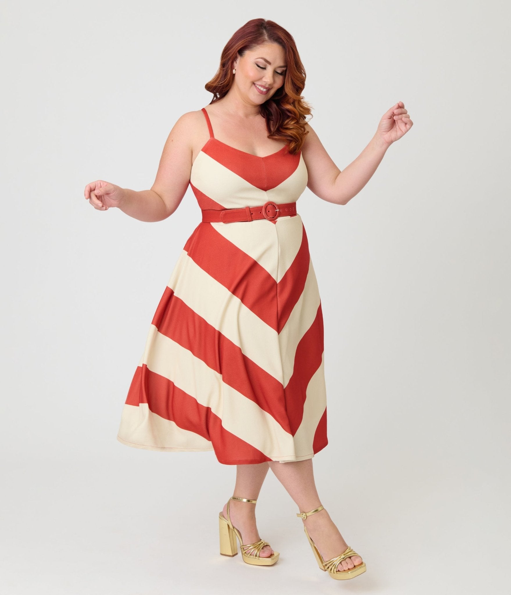 Smak Parlour Plus Size Rust & Ivory Spaghetti Strap Chevron Midi Dress - Unique Vintage - Womens, DRESSES, MIDI