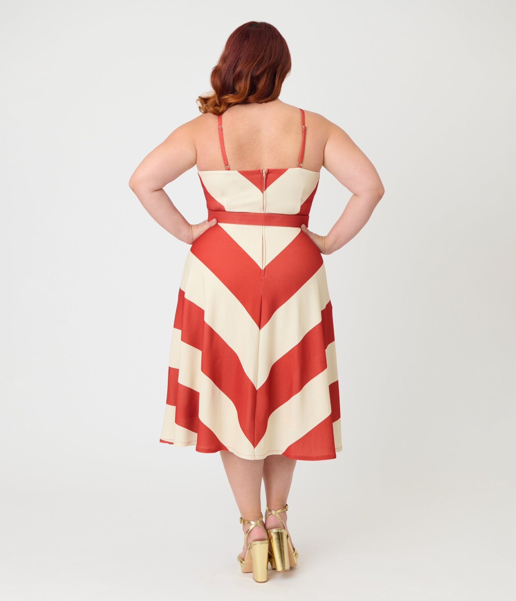 Smak Parlour Plus Size Rust & Ivory Spaghetti Strap Chevron Midi Dress - Unique Vintage - Womens, DRESSES, MIDI