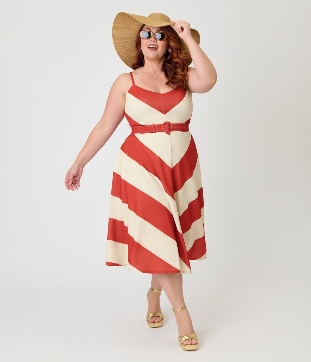 Smak Parlour Plus Size Rust & Ivory Spaghetti Strap Chevron Midi Dress - Unique Vintage - Womens, DRESSES, MIDI