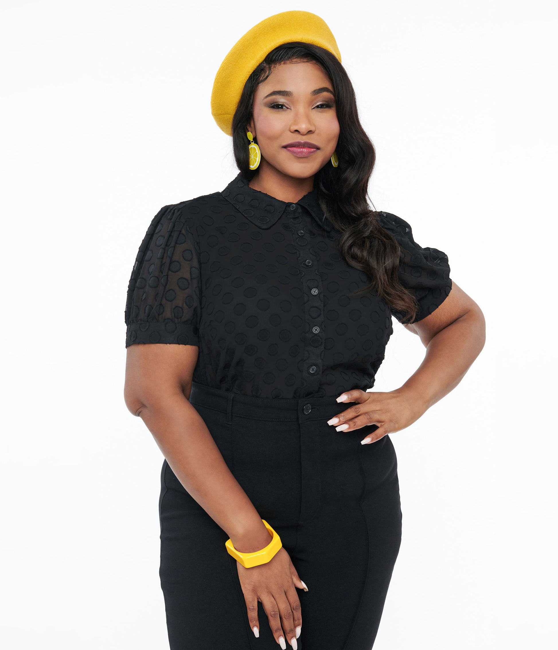 Smak Parlour Plus Size Sheer Black Dot Puff Sleeve Blouse - Unique Vintage - Womens, TOPS, WOVEN TOPS