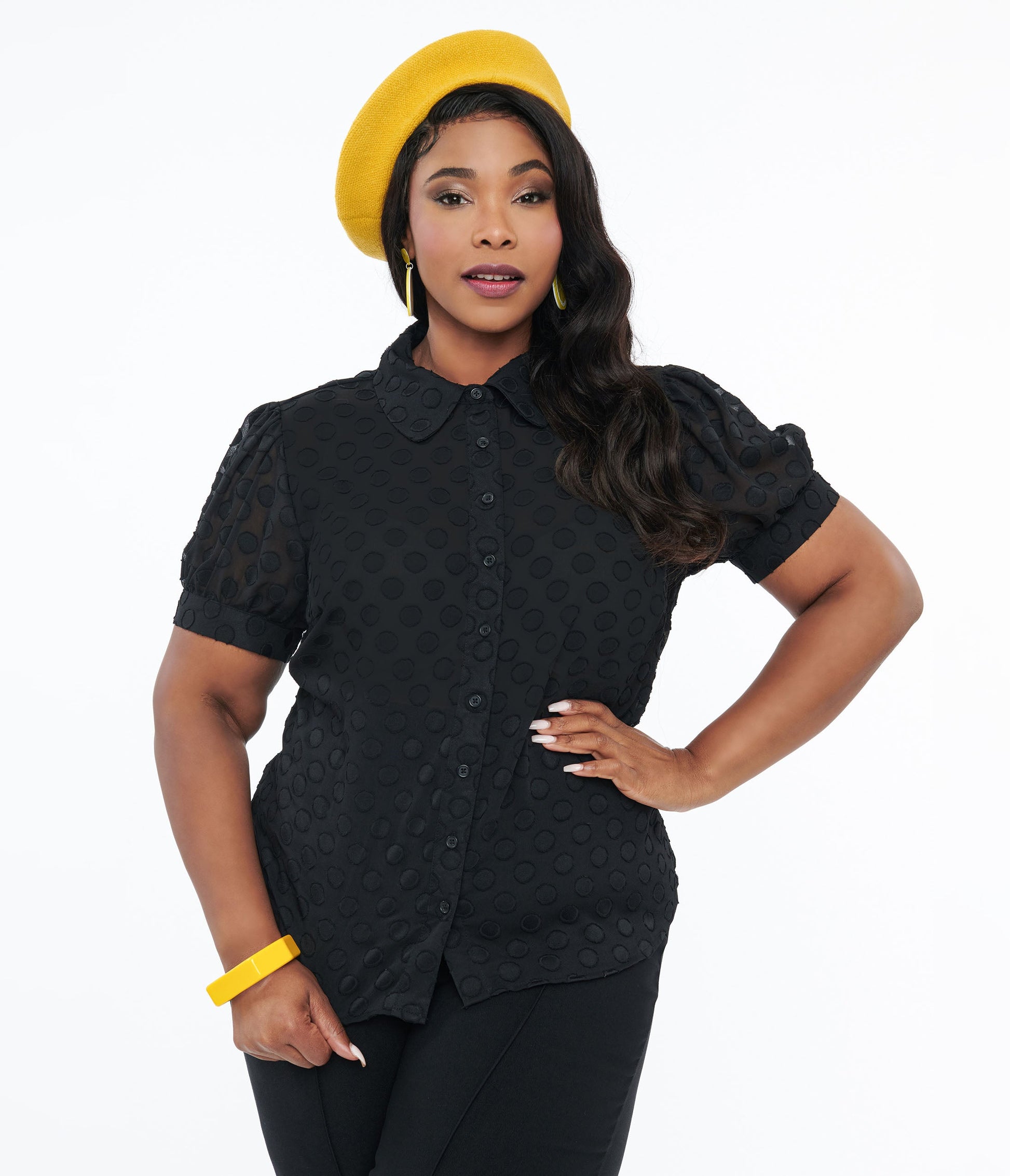 Smak Parlour Plus Size Sheer Black Dot Puff Sleeve Blouse - Unique Vintage - Womens, TOPS, WOVEN TOPS