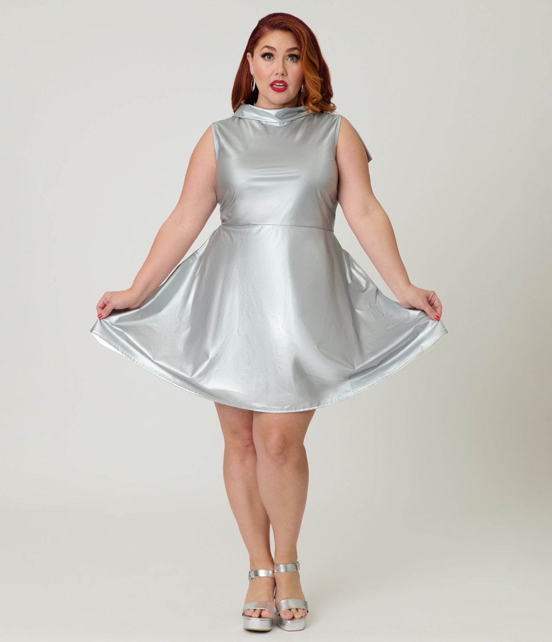 Smak Parlour Plus Size Silver Mock Turtleneck Fit & Flare Dress - Unique Vintage - Womens, DRESSES, A - LINE