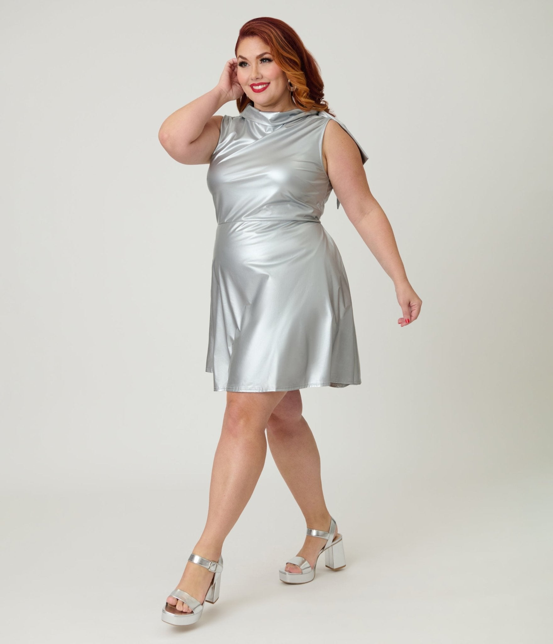 Smak Parlour Plus Size Silver Mock Turtleneck Fit & Flare Dress - Unique Vintage - Womens, DRESSES, A - LINE