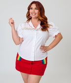Smak Parlour Plus Size White & Rainbow Embroidered Puff Sleeve Top - Unique Vintage - Womens, TOPS, WOVEN TOPS