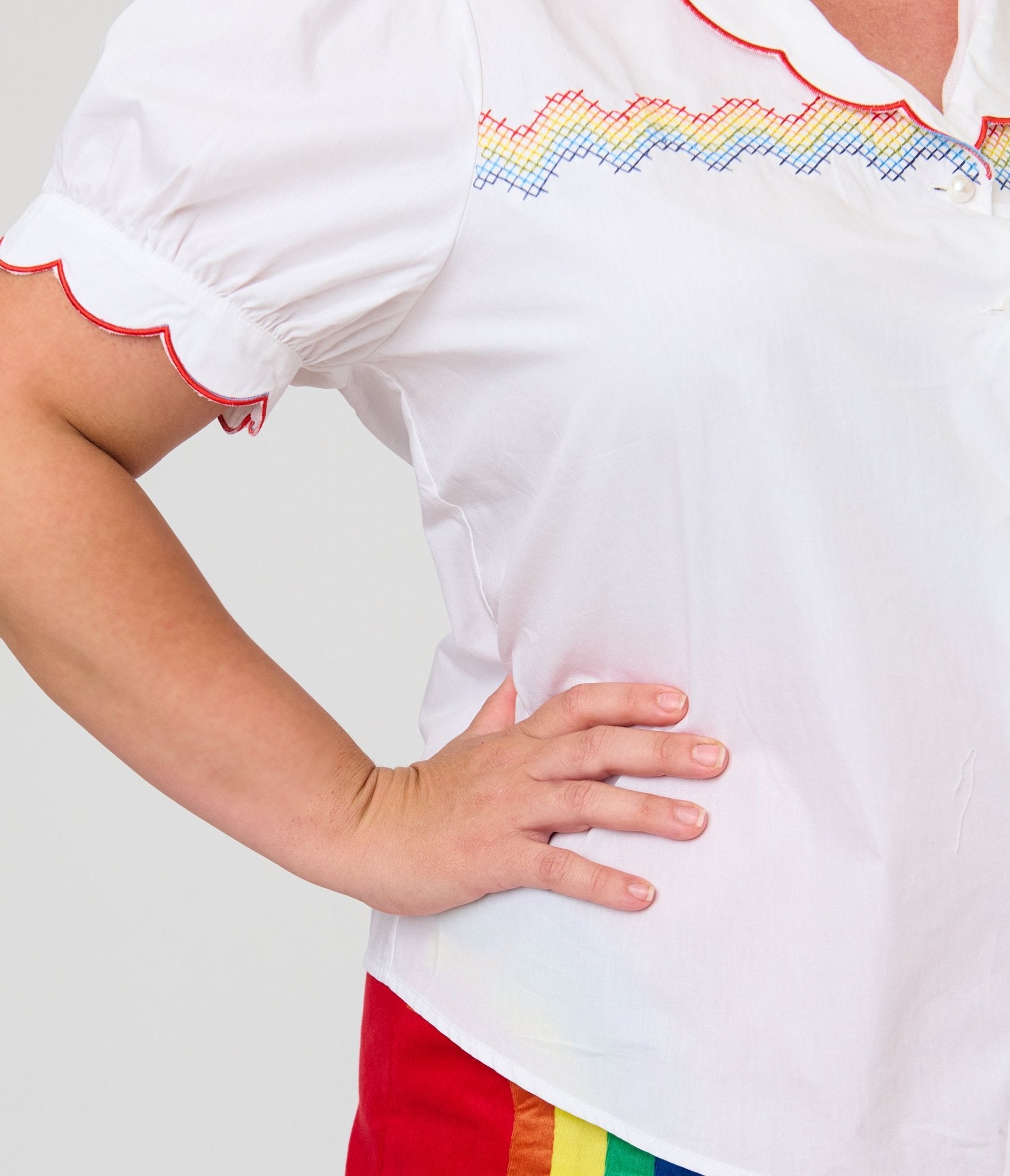Smak Parlour Plus Size White & Rainbow Embroidered Puff Sleeve Top - Unique Vintage - Womens, TOPS, WOVEN TOPS