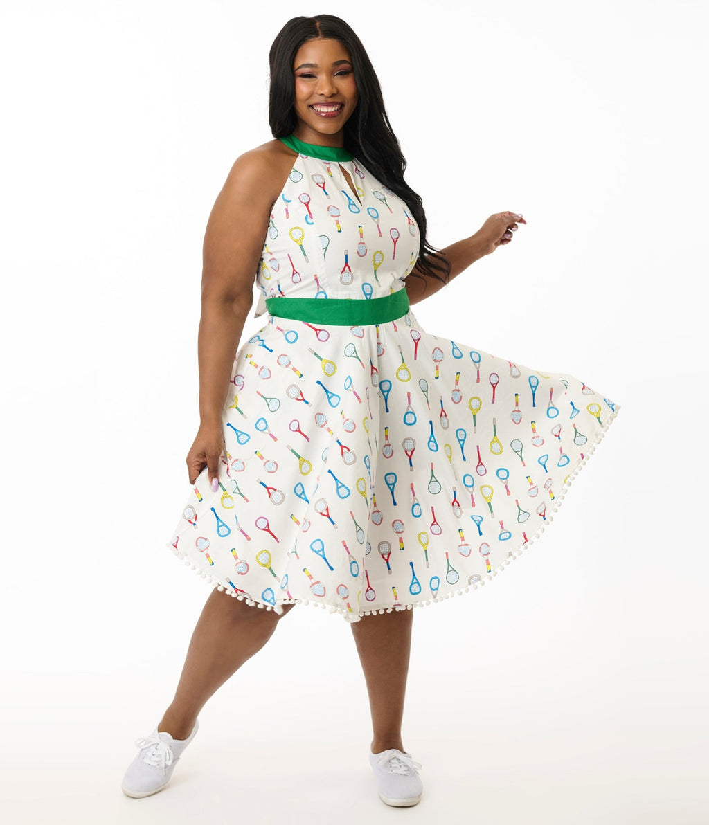 Smak Parlour Plus White Tennis Racket Print Cotton Make Me Over Flare Dress - Unique Vintage - Womens, DRESSES, FIT & FLARE