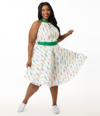 Smak Parlour Plus White Tennis Racket Print Cotton Make Me Over Flare Dress - Unique Vintage - Womens, DRESSES, FIT & FLARE