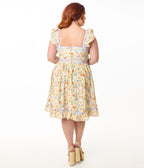 Smak Parlour Plus Size Yellow & Periwinkle Floral Corset Fit & Flare Dress - Unique Vintage - Womens, DRESSES, FIT AND FLARE