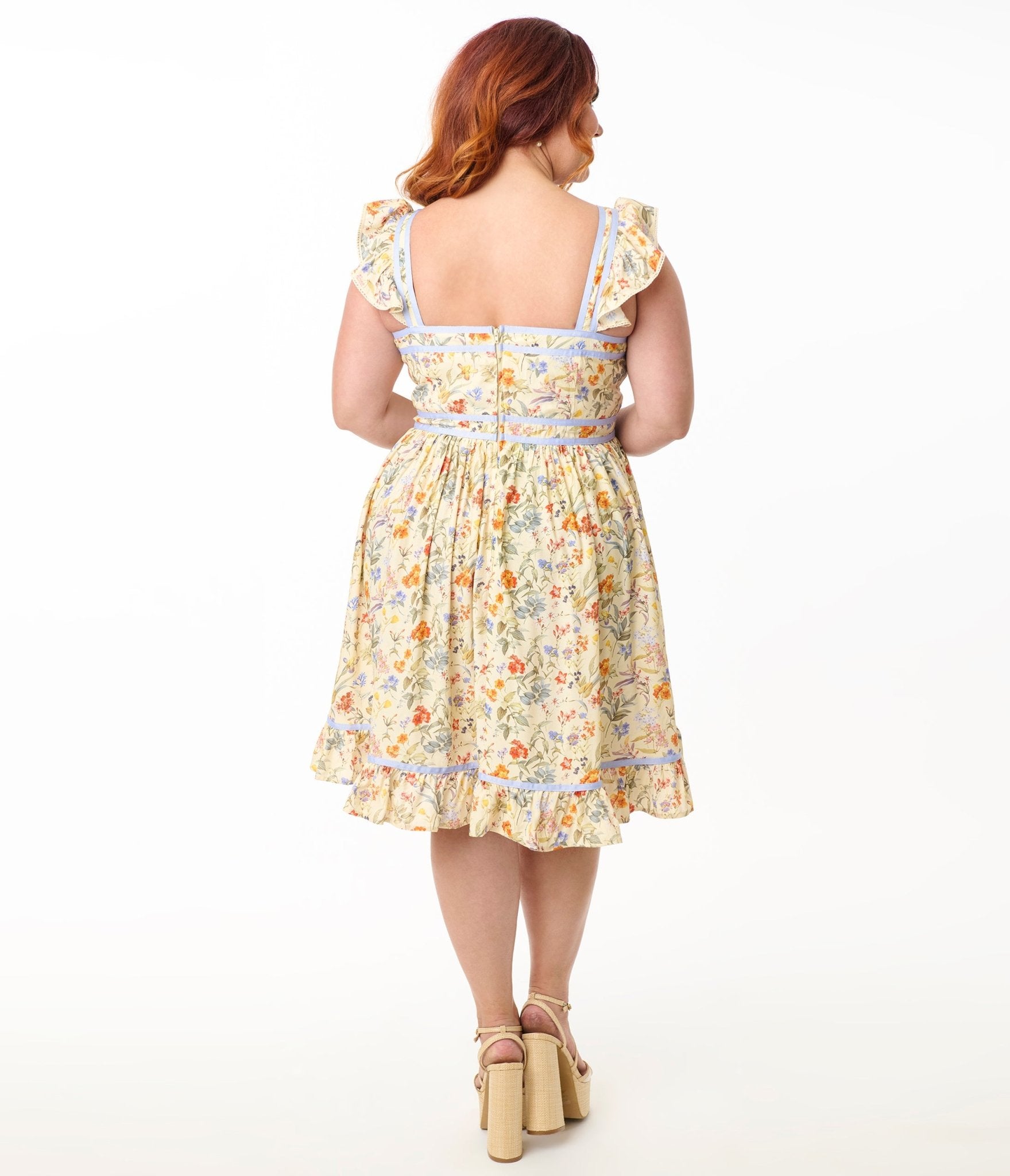 Smak Parlour Plus Size Yellow & Periwinkle Floral Corset Fit & Flare Dress - Unique Vintage - Womens, DRESSES, FIT AND FLARE