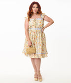 Smak Parlour Plus Size Yellow & Periwinkle Floral Corset Fit & Flare Dress - Unique Vintage - Womens, DRESSES, FIT AND FLARE