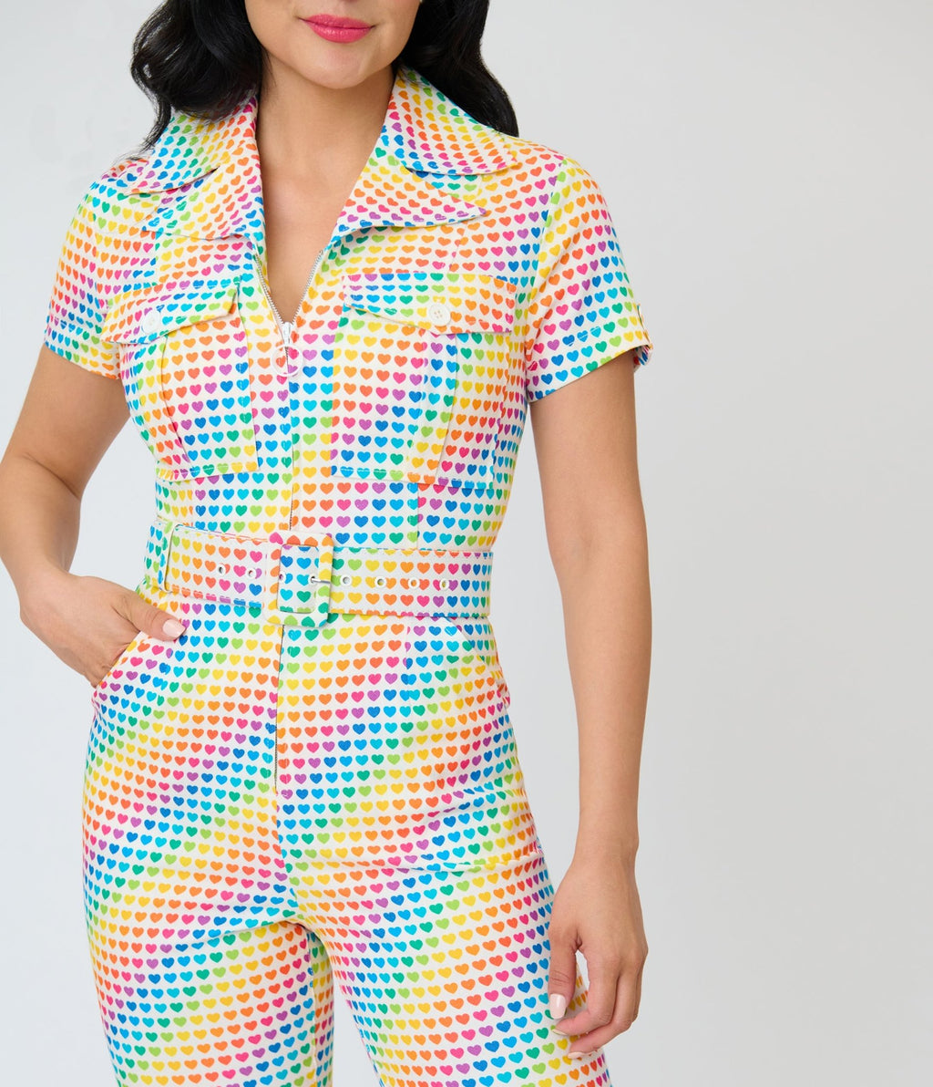 Smak Parlour Rainbow Hearts Flare Jumpsuit - Unique Vintage - Womens, BOTTOMS, ROMPERS AND JUMPSUITS
