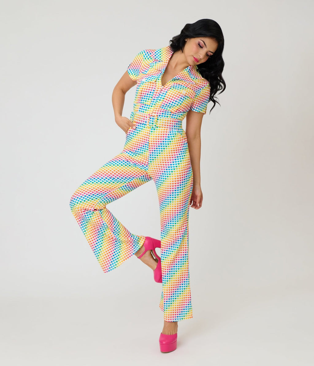 Smak Parlour Rainbow Hearts Flare Jumpsuit - Unique Vintage - Womens, BOTTOMS, ROMPERS AND JUMPSUITS
