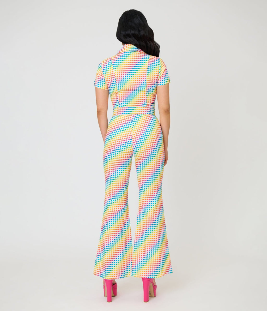 Smak Parlour Rainbow Hearts Flare Jumpsuit - Unique Vintage - Womens, BOTTOMS, ROMPERS AND JUMPSUITS