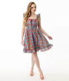 Smak Parlour Rainbow Plaid Corset Fit & Flare Dress - Unique Vintage - Womens, DRESSES, FIT AND FLARE
