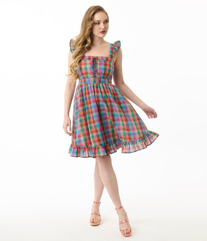 Smak Parlour Rainbow Plaid Corset Fit & Flare Dress - Unique Vintage - Womens, DRESSES, FIT AND FLARE