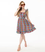 Smak Parlour Rainbow Plaid Corset Fit & Flare Dress - Unique Vintage - Womens, DRESSES, FIT AND FLARE