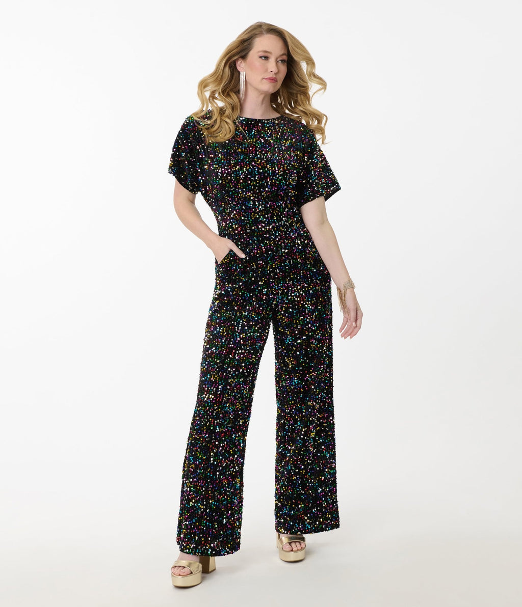 Smak Parlour Rainbow Sequin Wide Leg Jumpsuit - Unique Vintage - Womens, BOTTOMS, ROMPERS AND JUMPSUITS