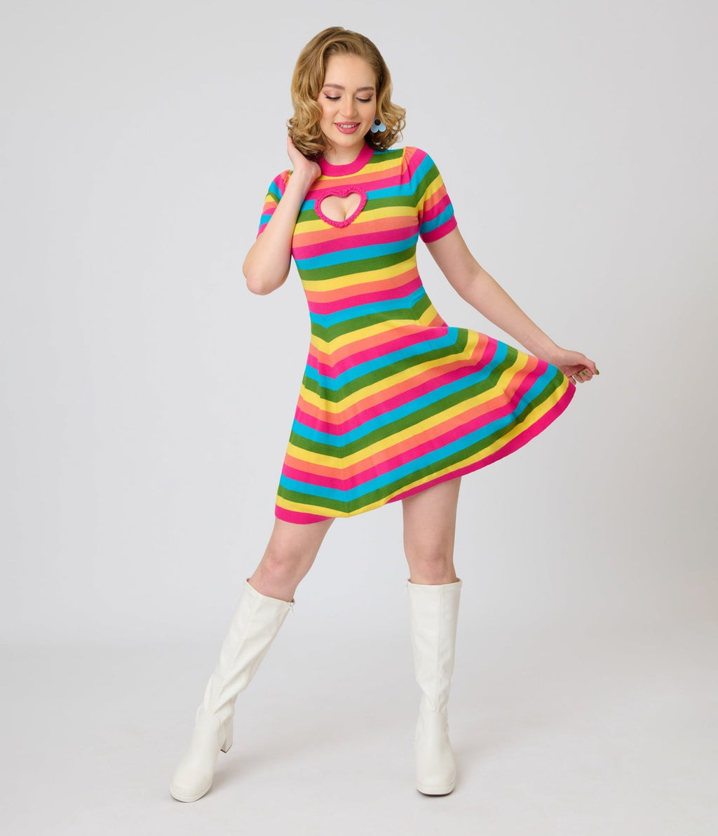 Smak Parlour Rainbow Stripe Heart Cutout Flare Dress - Unique Vintage - Womens, DRESSES, FIT AND FLARE