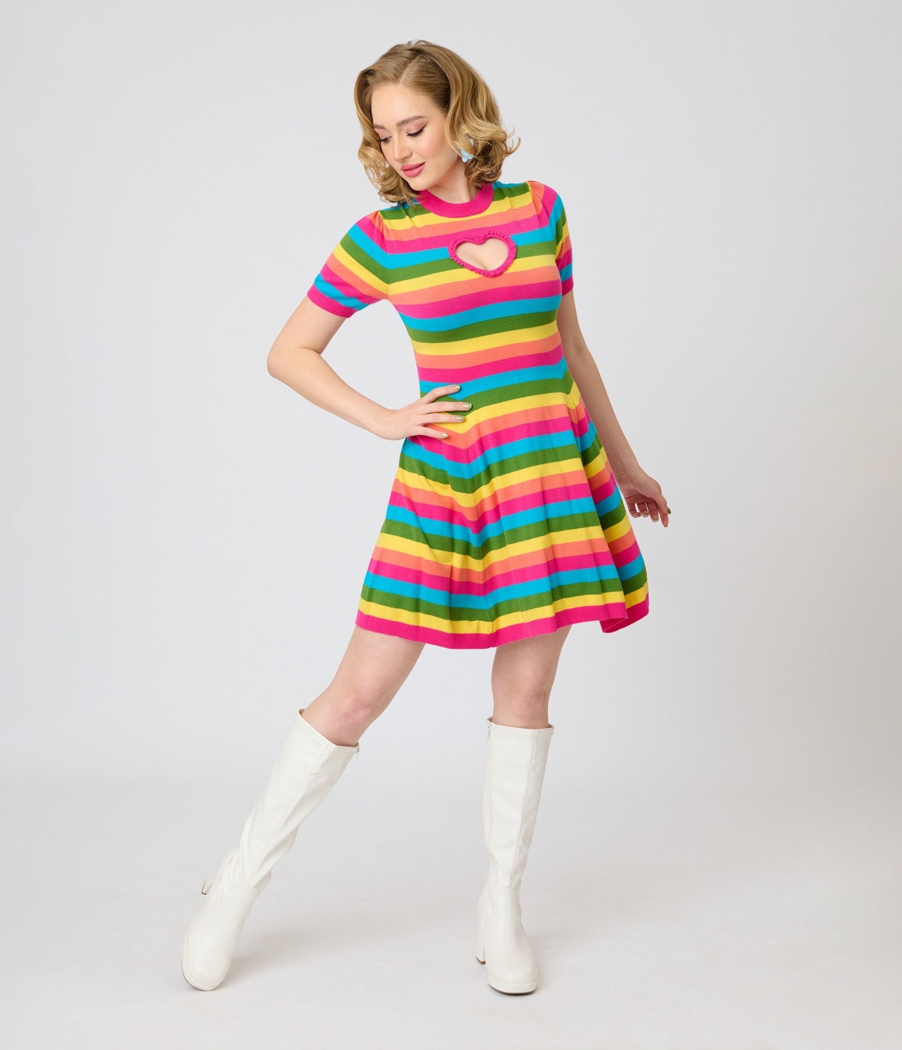 Smak Parlour Rainbow Stripe Heart Cutout Flare Dress - Unique Vintage - Womens, DRESSES, FIT AND FLARE