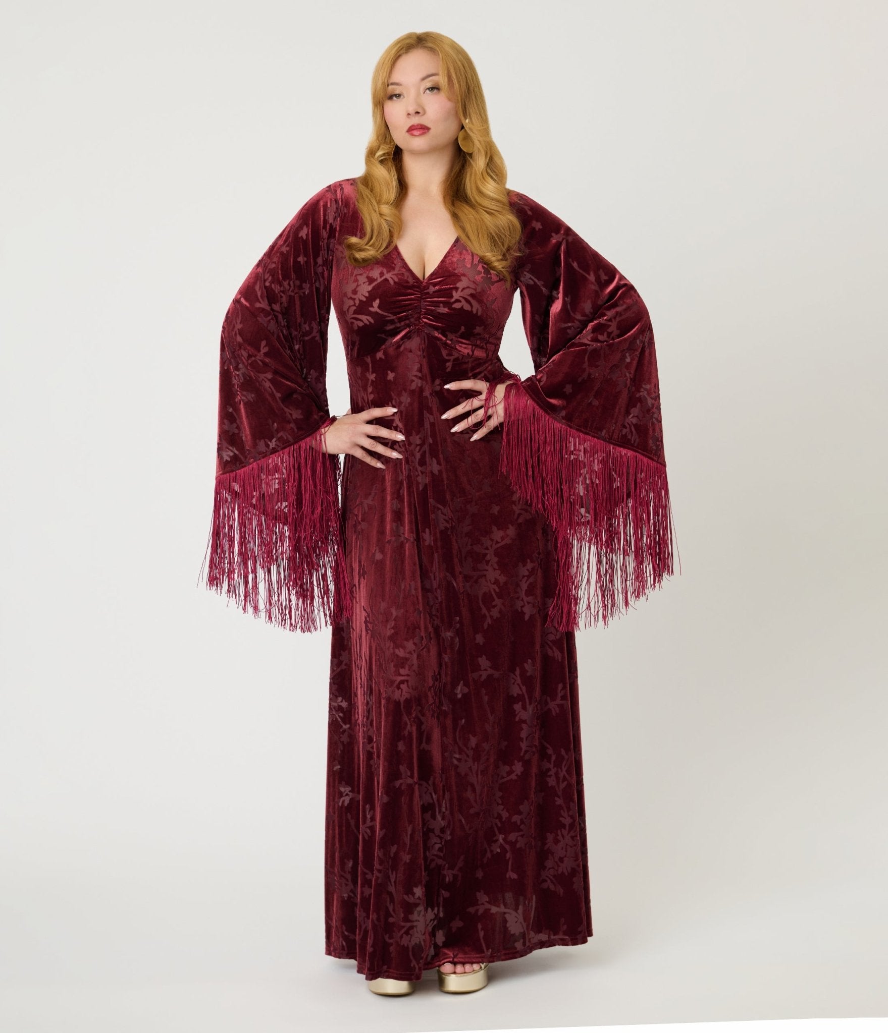 Smak Parlour Raspberry Velvet Burnout Fringe Sleeve Stevie Maxi