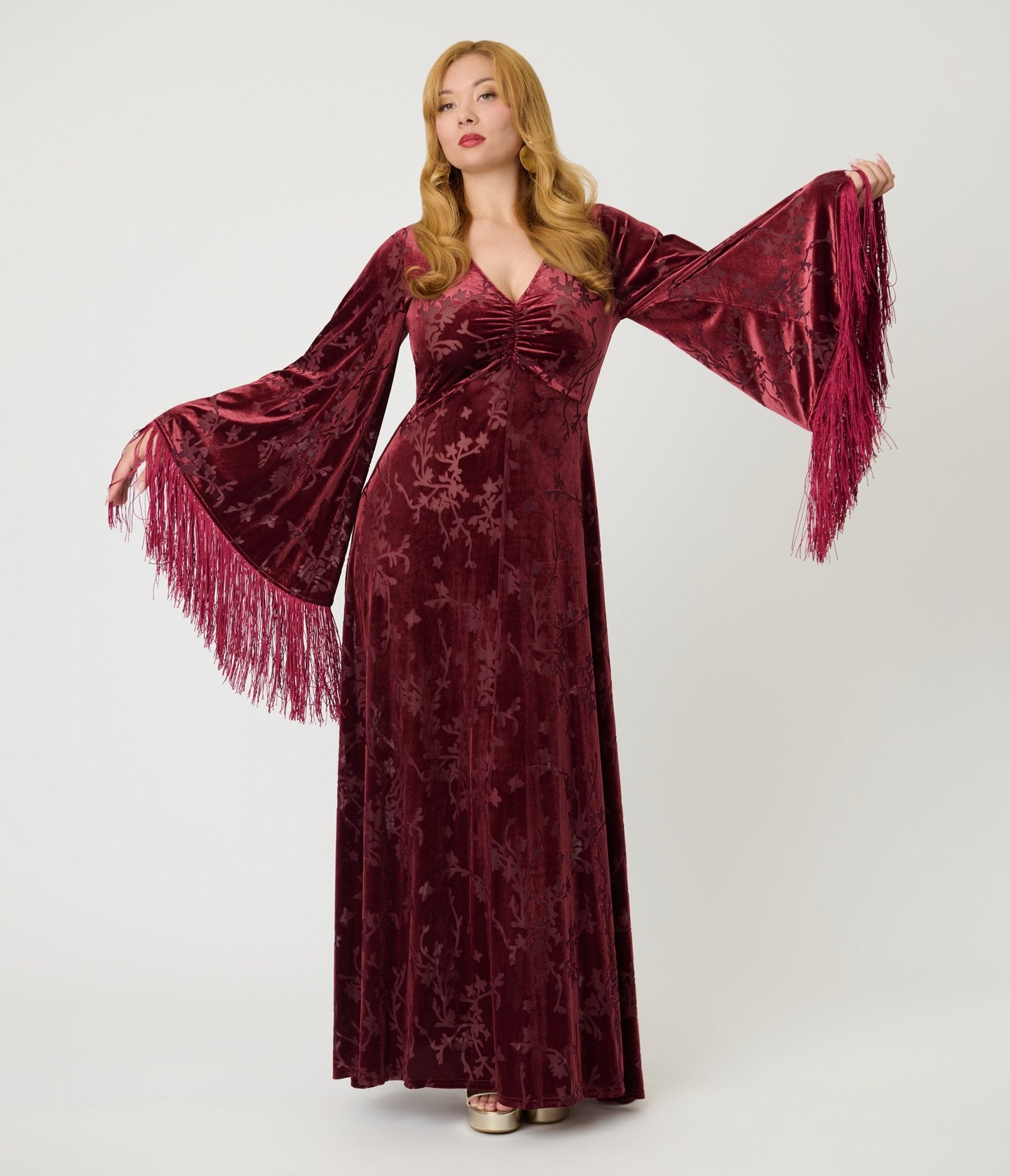 Smak Parlour Raspberry Velvet Burnout Fringe Sleeve Stevie Maxi
