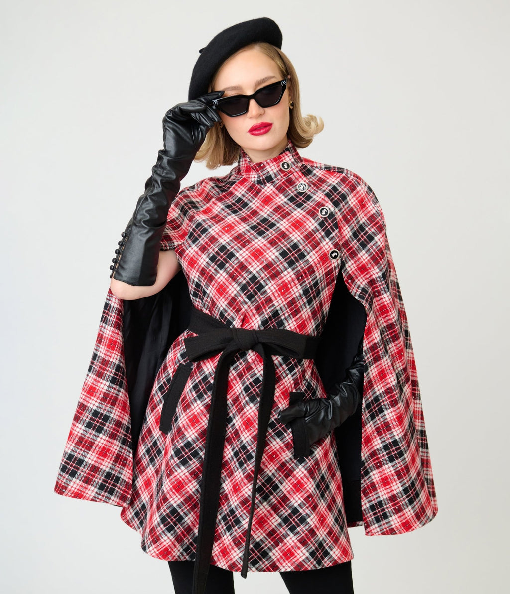 Smak Parlour Red & Black Bias Plaid Savile Row Cape Coat - Unique Vintage - Coats