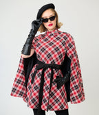 Smak Parlour Red & Black Bias Plaid Savile Row Cape Coat - Unique Vintage - Coats