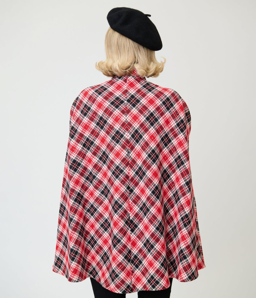 Smak Parlour Red & Black Bias Plaid Savile Row Cape Coat - Unique Vintage - Coats