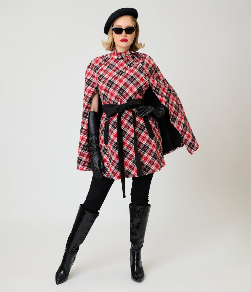 Smak Parlour Red & Black Bias Plaid Savile Row Cape Coat - Unique Vintage - Coats