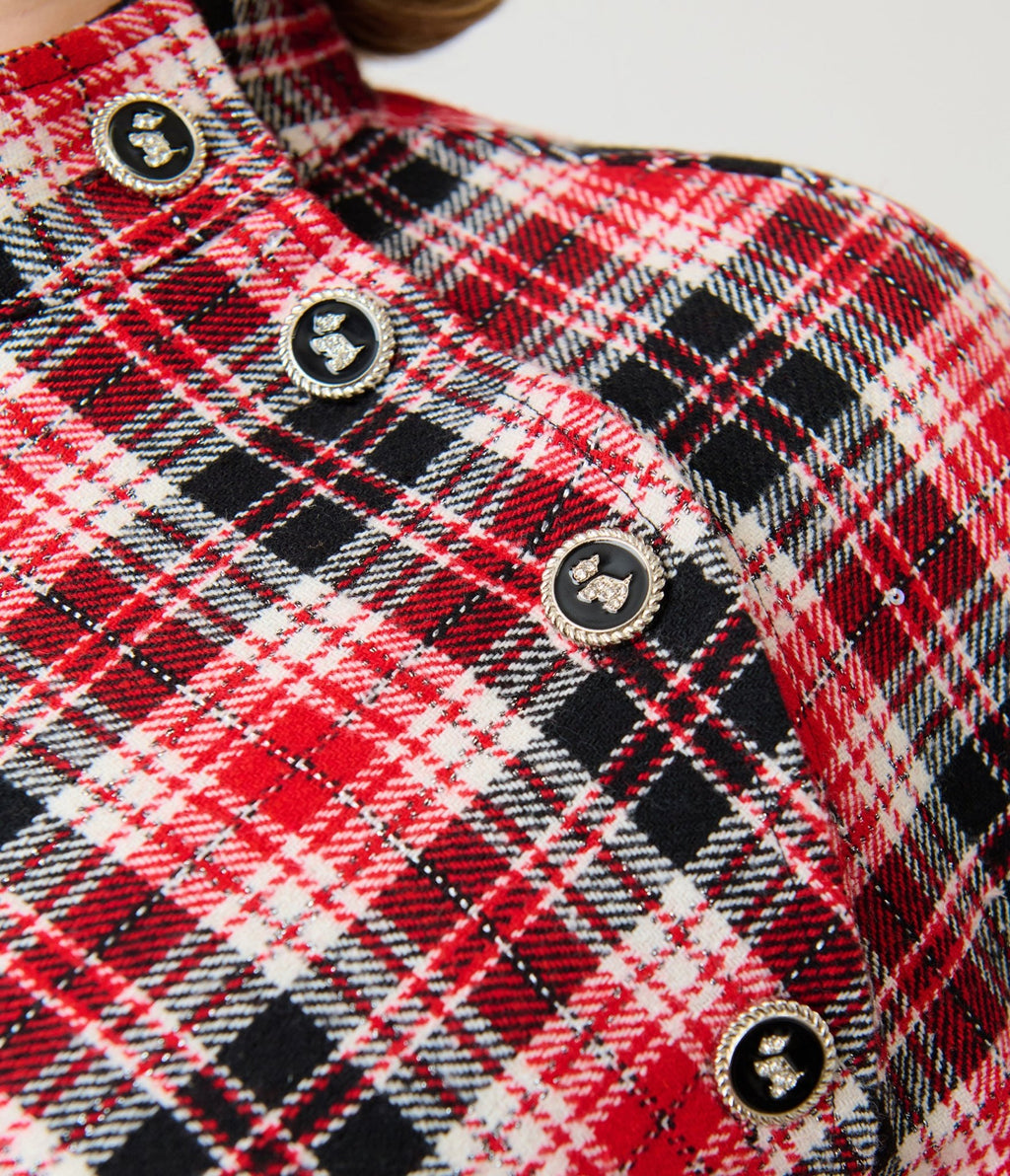 Smak Parlour Red & Black Bias Plaid Savile Row Cape Coat - Unique Vintage - Coats
