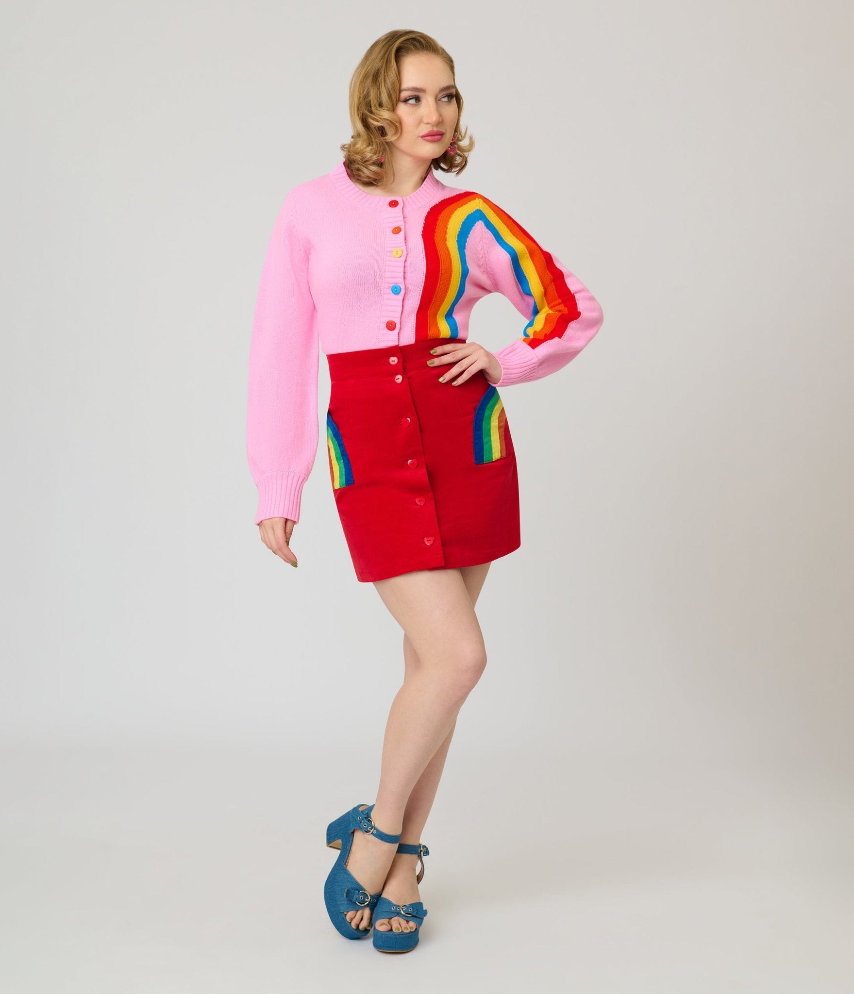 Smak Parlour Red Corduroy & Rainbow Pockets Mini Skirt - Unique Vintage - Womens, BOTTOMS, SKIRTS