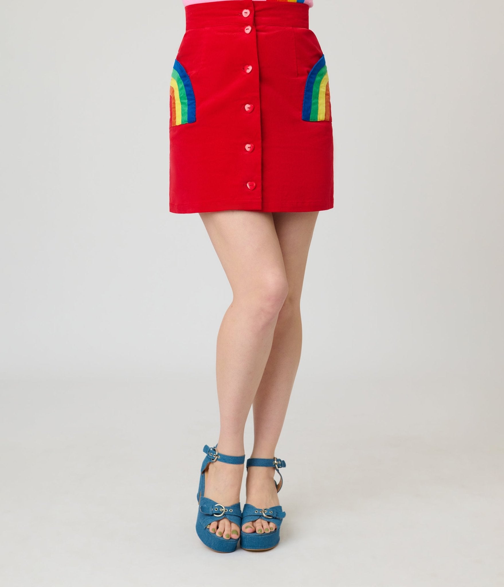 Smak Parlour Red Corduroy & Rainbow Pockets Mini Skirt - Unique Vintage - Womens, BOTTOMS, SKIRTS