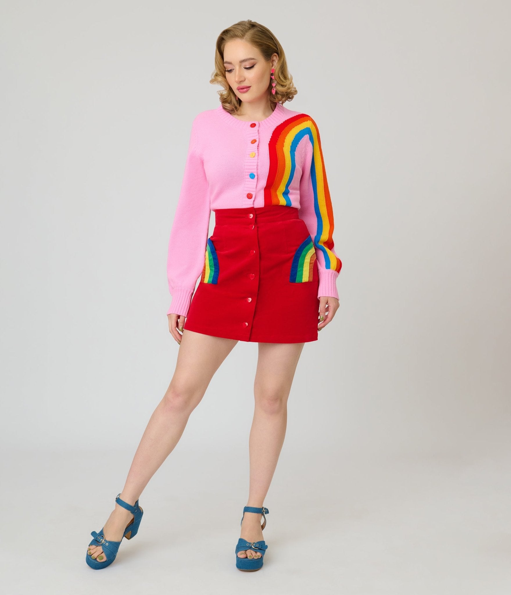 Smak Parlour Red Corduroy & Rainbow Pockets Mini Skirt - Unique Vintage - Womens, BOTTOMS, SKIRTS