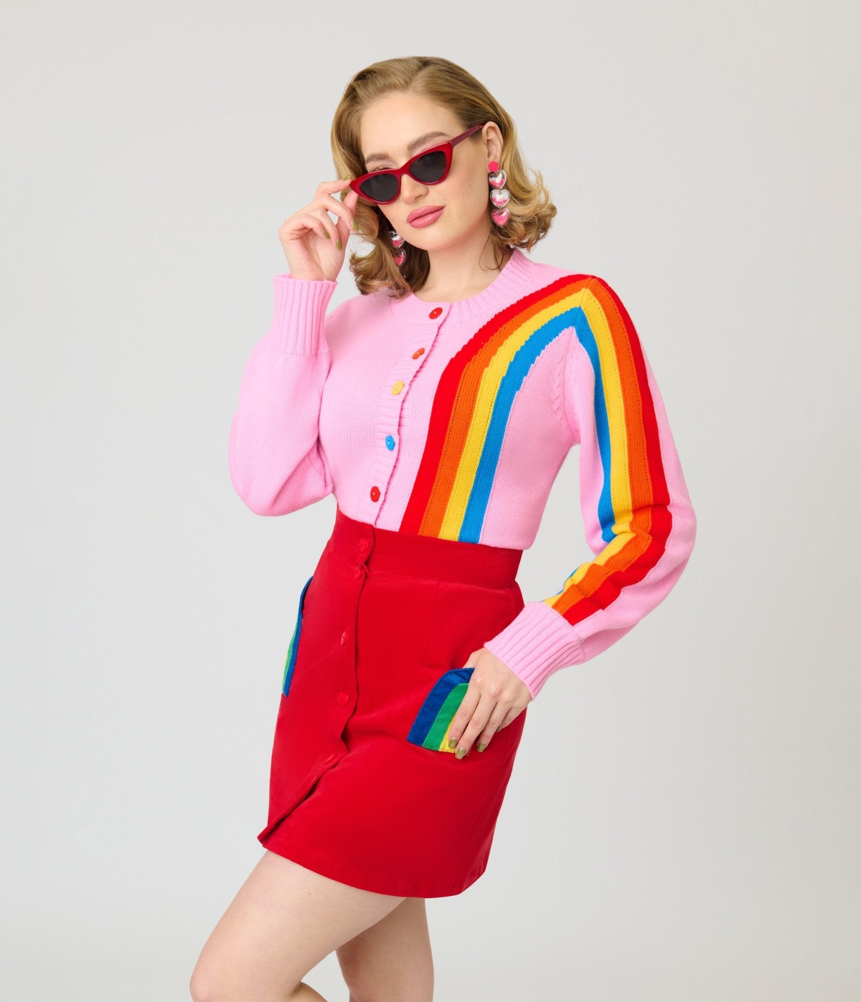 Smak Parlour Red Corduroy & Rainbow Pockets Mini Skirt - Unique Vintage - Womens, BOTTOMS, SKIRTS
