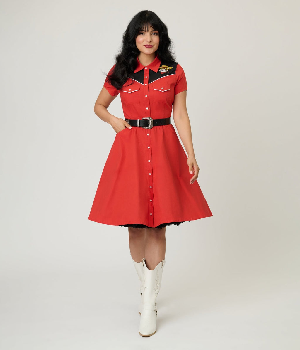 Smak Parlour Red Embroidered Cowboy Cat Western Flare Dress - Unique Vintage - Womens, DRESSES, FIT AND FLARE