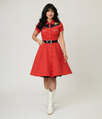 Smak Parlour Red Embroidered Cowboy Cat Western Flare Dress - Unique Vintage - Womens, DRESSES, FIT AND FLARE